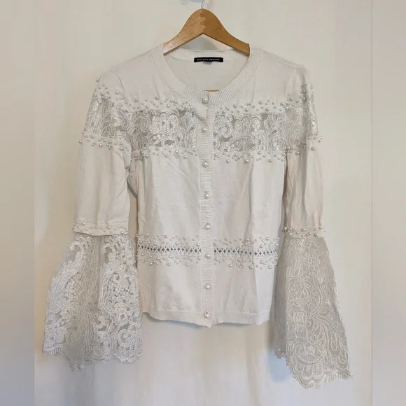 Boston Proper Pearl Embellished Lace Bell Sleeve Ivory Cardigan Sweater Small - Picture 3 of 14
